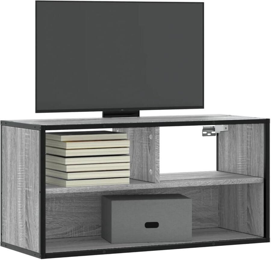 The Living Store Tv-meubel 80x31x39 5 cm bewerkt hout metaal grijs sonoma eiken Tv-meubel Salontafel Houten Tv-meubel Industrieel Tv-meubel Grijze Tv-meubel - Foto 2