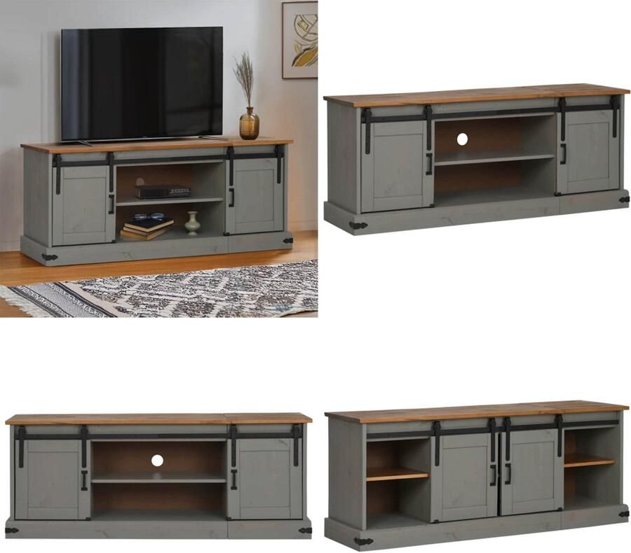 VidaXL Tv-meubel HALDEN 2 schuifdeuren 150x40x60 cm massief hout grijs Tv-kast Tv-kasten Tv-standaard Tv-dressoir