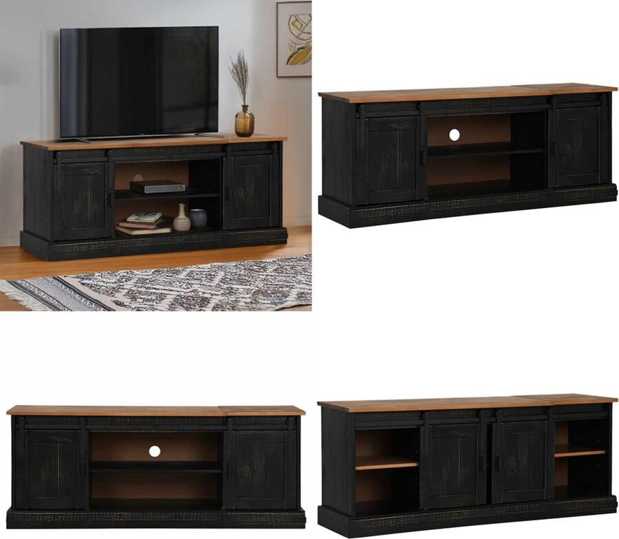 VidaXL Tv-meubel HALDEN 2 schuifdeuren 150x40x60 cm massief hout zwart Tv-kast Tv-kasten Tv-standaard Tv-dressoir