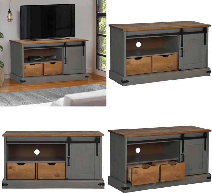VidaXL Tv-meubel HALDEN met schuifdeur grijs 110x40x60 cm massief hout Tv-kast Tv-kasten Tv-standaard Tv-dressoir