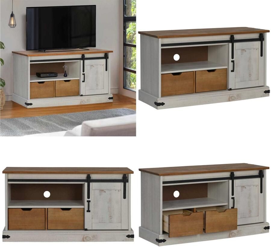VidaXL Tv-meubel HALDEN met schuifdeur wit 110x40x60 cm massief hout Tv-kast Tv-kasten Tv-standaard Tv-dressoir