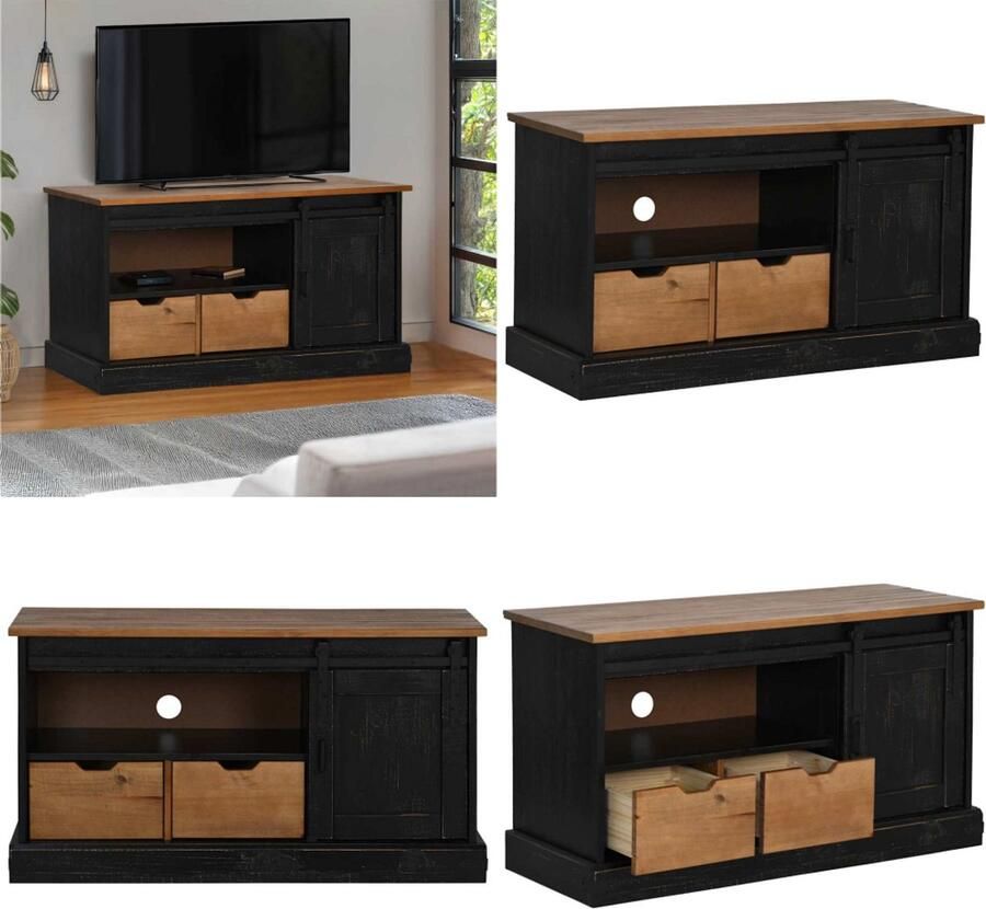 VidaXL Tv-meubel HALDEN met schuifdeur zwart 110x40x60 cm massief hout Tv-kast Tv-kasten Tv-standaard Tv-dressoir