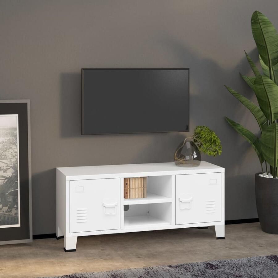 VidaXL Tv-meubel Industrieel Wit Metaal 105x35x42 cm Tv Kast Industrieel Meubilair Tv Meubel Workshop Witte Tv Kast Metalen Tv Kast Tv Stand Media Kast - Foto 2