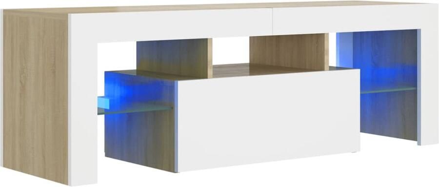 VidaXL Tv-meubel LED 120x35x40 cm Wit Eiken Tv-meubel Led-verlichting Salontafel Houten Meubilair Witte Meubelen Eikenfurnituur Rgb Licht Opbergruimte Usb Aansluiting Montage Benodigd