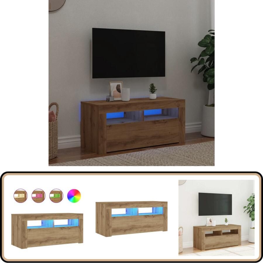 VidaXL Tv-meubel LED 90x35x40 cm Artisanaal Eiken Tv Meubel Tv Kast Houten Tv Meubel Media Kast Salontafel