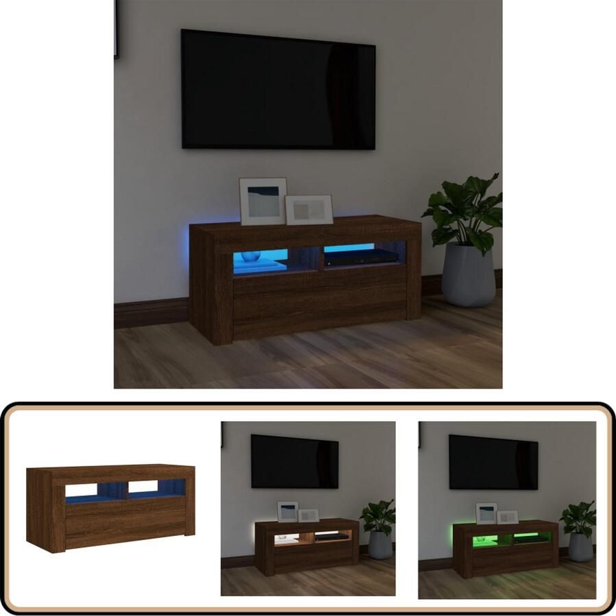 VidaXL Tv-meubel LED-verlichting 90x35x40 cm Bruin Eiken Tv Meubel Tv Kast Led Tv Meubelen Houten Tv Kast Bruine Tv Kast Media Kast Living Room Decor - Foto 2