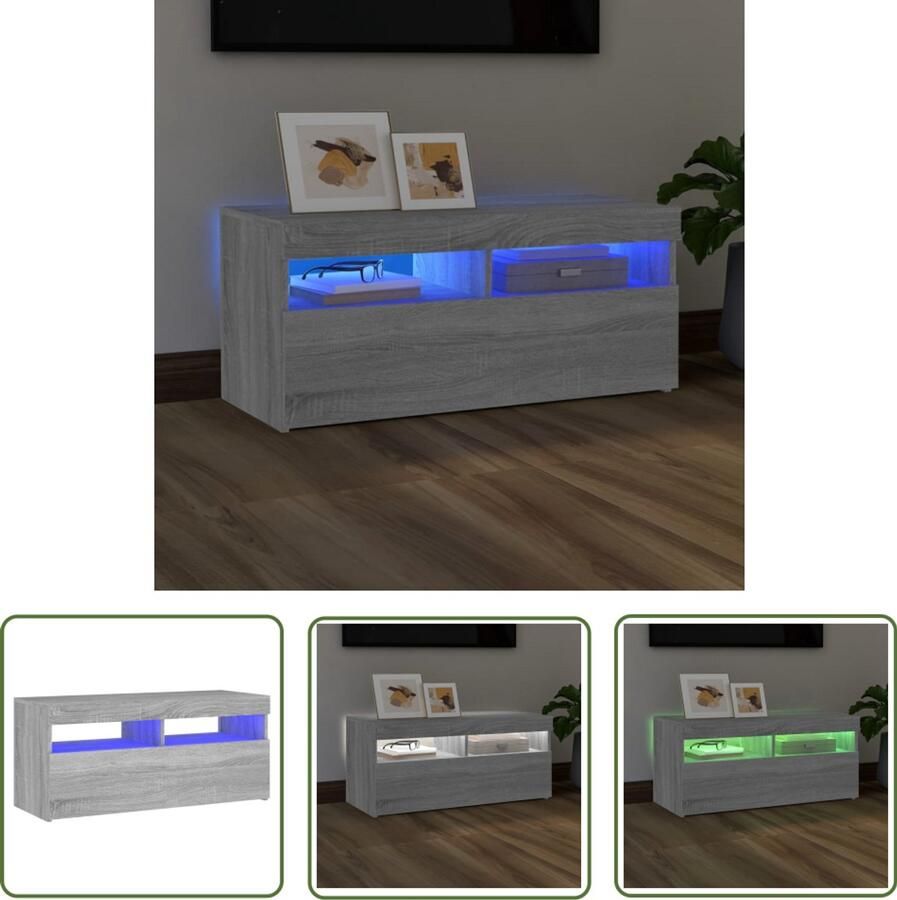 VidaXL Tv-meubel LED-verlichting 90x35x40 cm Grijs Tv Meubel Houten Tv Kast Led Tv Meubelen Tv Stand Salontafel Woonkamer Decoratie Lichtgevende Tv Kast