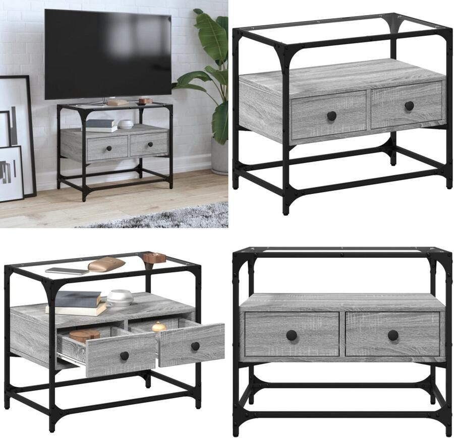 VidaXL Tv-meubel met glazen blad 60x35x51 cm bewerkt hout grijs sonoma Tv-meubel Tv-meubelen Tv Kast Opbergkast