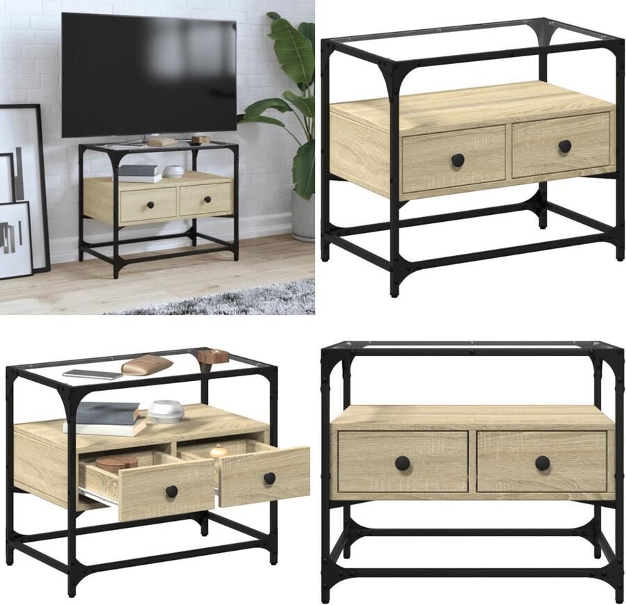 VidaXL Tv-meubel met glazen blad 60x35x51 cm bewerkt hout sonoma eiken Tv-meubel Tv-meubelen Tv Kast Opbergkast