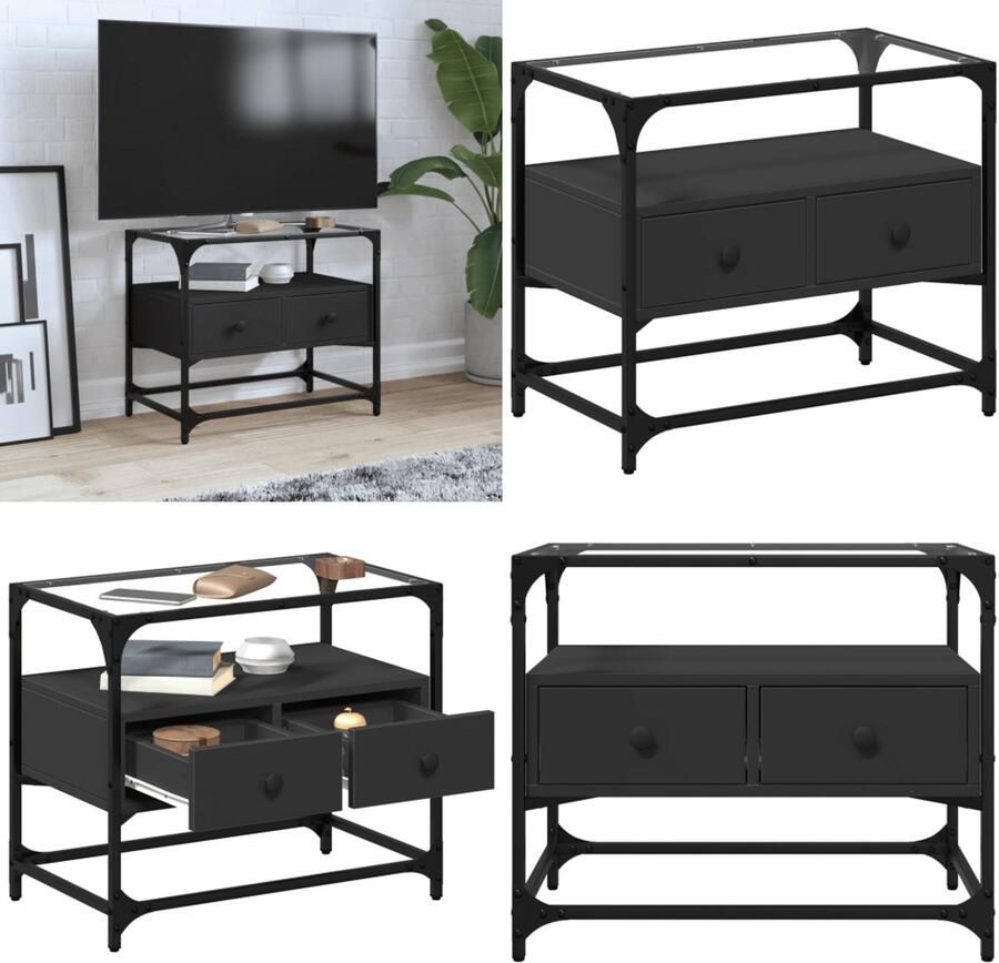 VidaXL Tv-meubel met glazen blad 60x35x51 cm bewerkt hout zwart Tv-meubel Tv-meubelen Tv Kast Opbergkast