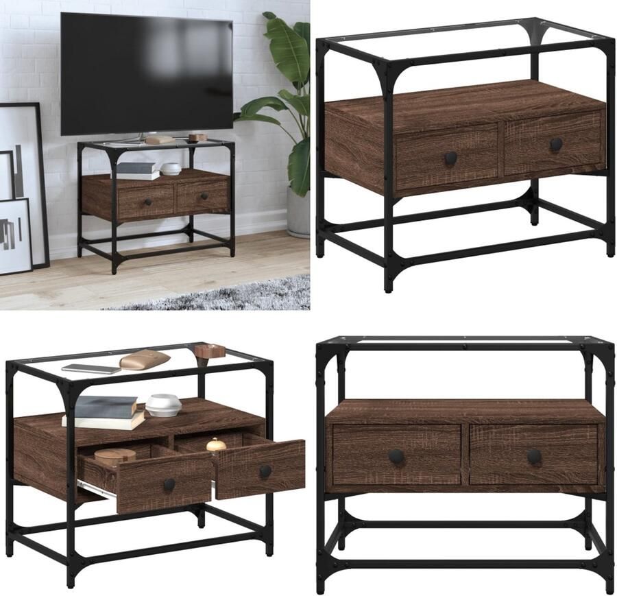 VidaXL Tv-meubel met glazen blad 60x35x51 cm hout bruin eikenkleurig Tv-meubel Tv-meubelen Tv Kast Opbergkast
