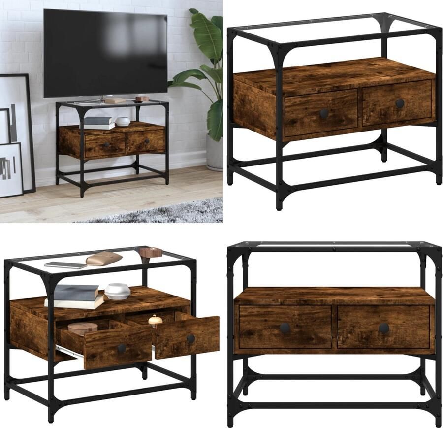 VidaXL Tv-meubel met glazen blad 60x35x51 cm hout gerookt eikenkleurig Tv-meubel Tv-meubelen Tv Kast Opbergkast