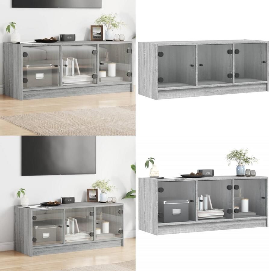 VidaXL Tv-meubel met glazen deuren 102x37x42 cm grijs sonoma eiken Tv-meubel Tv-meubelen Tv-standaard Televisiemeubel