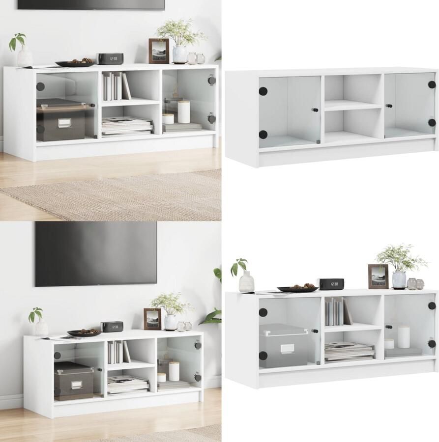 The Living Store Tv-meubel met glazen deuren 102x37x42 cm wit Tv-meubel Klassieke Tv-standaard Houten Tv-tafel Witte Tv-bank Opberg Kast - Foto 3