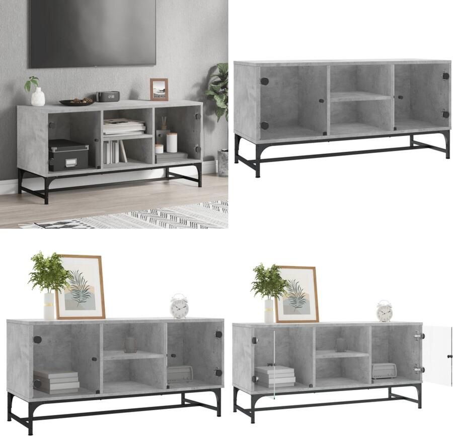 VidaXL Tv-meubel met glazen deuren 102x37x50 cm betongrijs Tv-meubel Tv-meubelen Tv-standaard Televisiemeubel