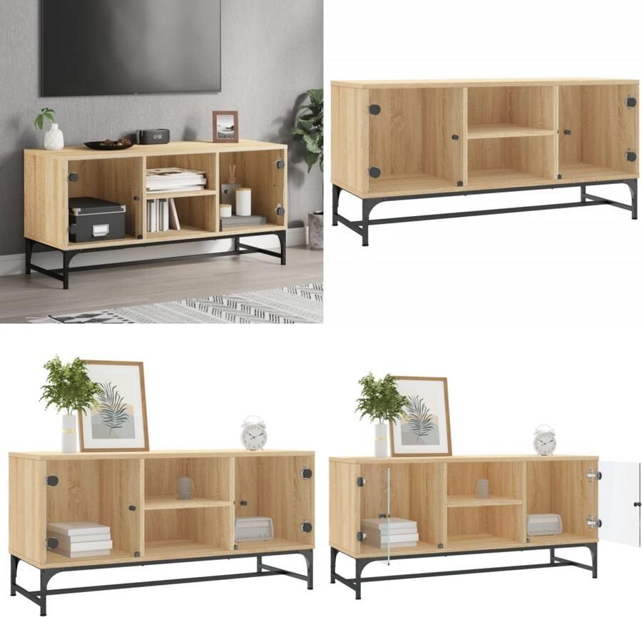 The Living Store Tv-meubel met glazen deuren 102x37x50 cm sonoma eikenkleurig Tv-meubel Salontafel Houten Kast Bruine Kast Eiken Kleur - Foto 3