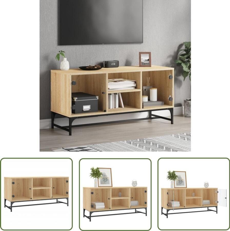 The Living Store Tv-meubel met glazen deuren 102x37x50 cm sonoma eikenkleurig Tv-meubel Salontafel Houten Kast Bruine Kast Eiken Kleur - Foto 2