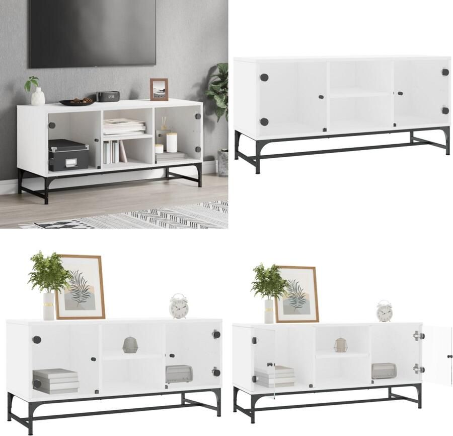 VidaXL Tv-meubel met glazen deuren 102x37x50 cm wit Tv-meubel Tv-meubelen Tv-standaard Televisiemeubel