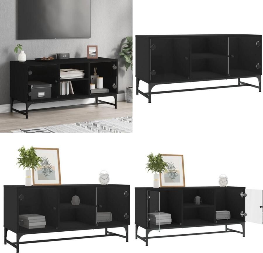 VidaXL Tv-meubel met glazen deuren 102x37x50 cm zwart Tv-meubel Tv-meubelen Tv-standaard Televisiemeubel