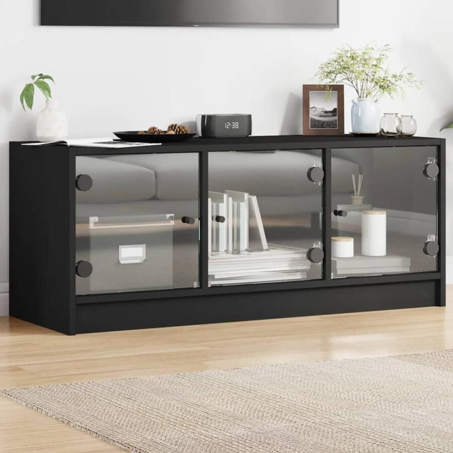 VidaXL Tv-meubel met glazen deuren Zwart 102x37x42 cm Tv Meubel Houten Tv Kast Zwarte Tv Stand Televisiescherm Meubilair Salontafel