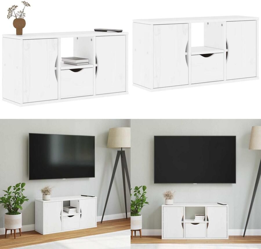 VidaXL Tv-meubel met lade ODDA 79x24x40 cm massief grenenhout wit TV-meubel TV-meubels TV-standaard TV-meubel