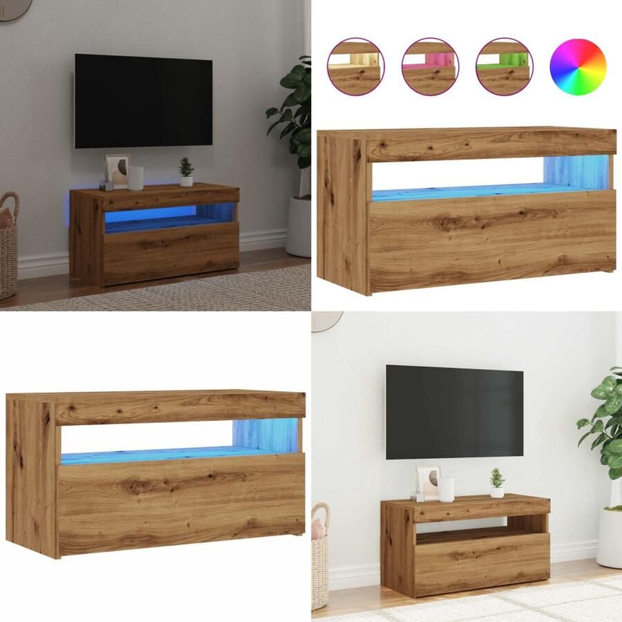 VidaXL Tv-meubel met LED 75x35x40 cm bewerkt hout artisanaal eiken Tv-meubel Tv-kasten -Tv-standaard Hifi-kast