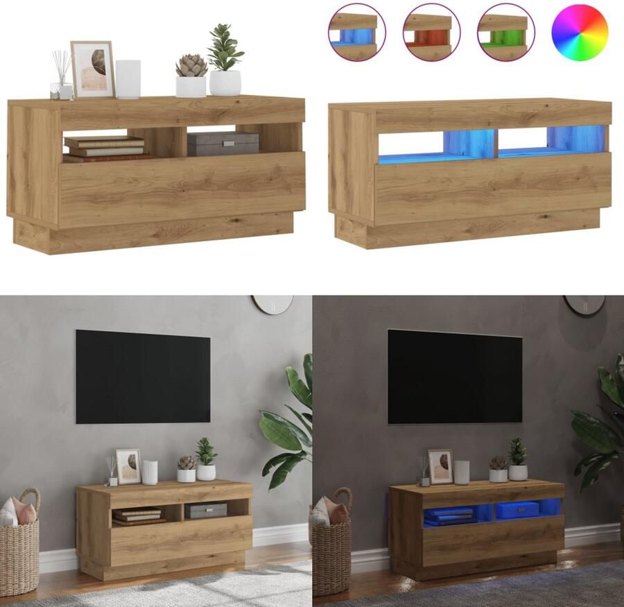 VidaXL Tv-meubel met LED 80x35x40 cm bewerkt hout artisanaal eiken Tv-meubel Tv-kasten -Tv-standaard Hifi-kast