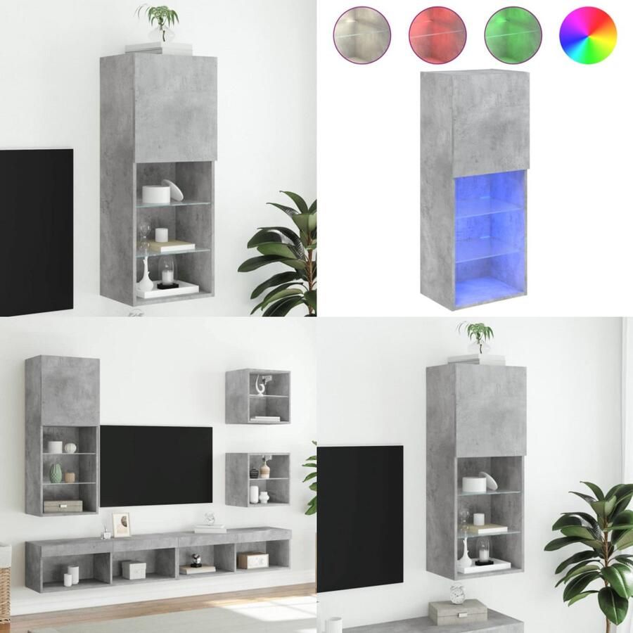 The Living Store Tv-meubel met LED-verlichting 40 5x30x102 cm betongrijs Tv-meubel Led-verlichting Beton Grijs Houten Tv Kast Opbergruimte - Foto 2