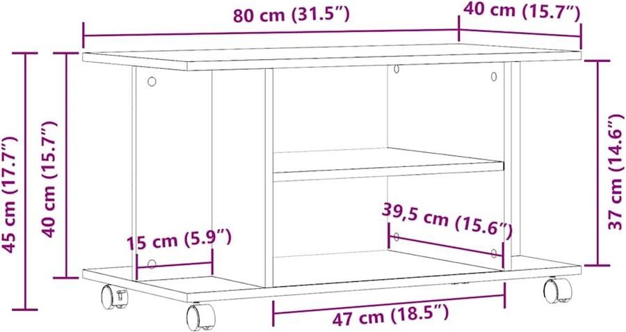 VidaXL TV-meubel met wielen Zwarte eik 80x40x45 cm Engineered Wood