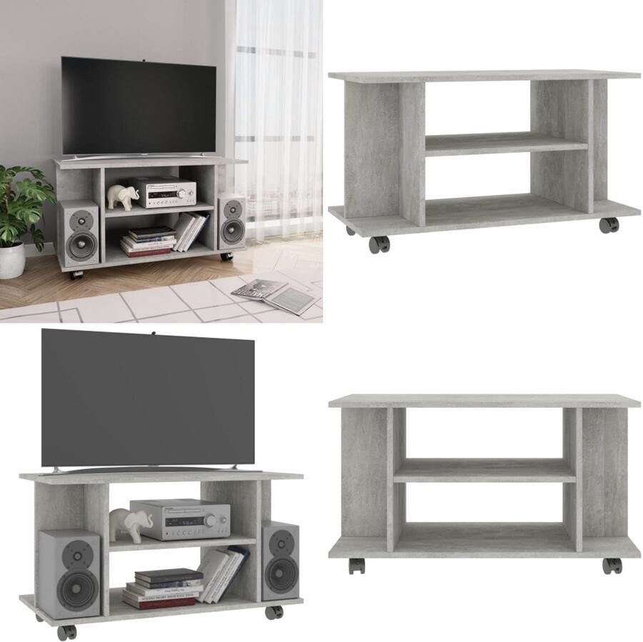 VidaXL Tv-meubel met wieltjes 80x40x45 cm bewerkt hout betongrijs Tv-meubel Tv-meubels Tv-meubelen Tv-meubilair