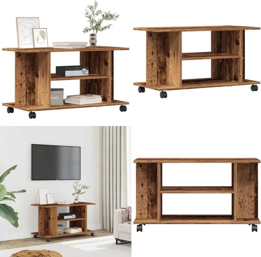 VidaXL Tv-meubel met wieltjes 80x40x45 cm bewerkt hout oud houtkleurig Tv-meubel Tv-kasten Tv-standaard Tv-dressoir