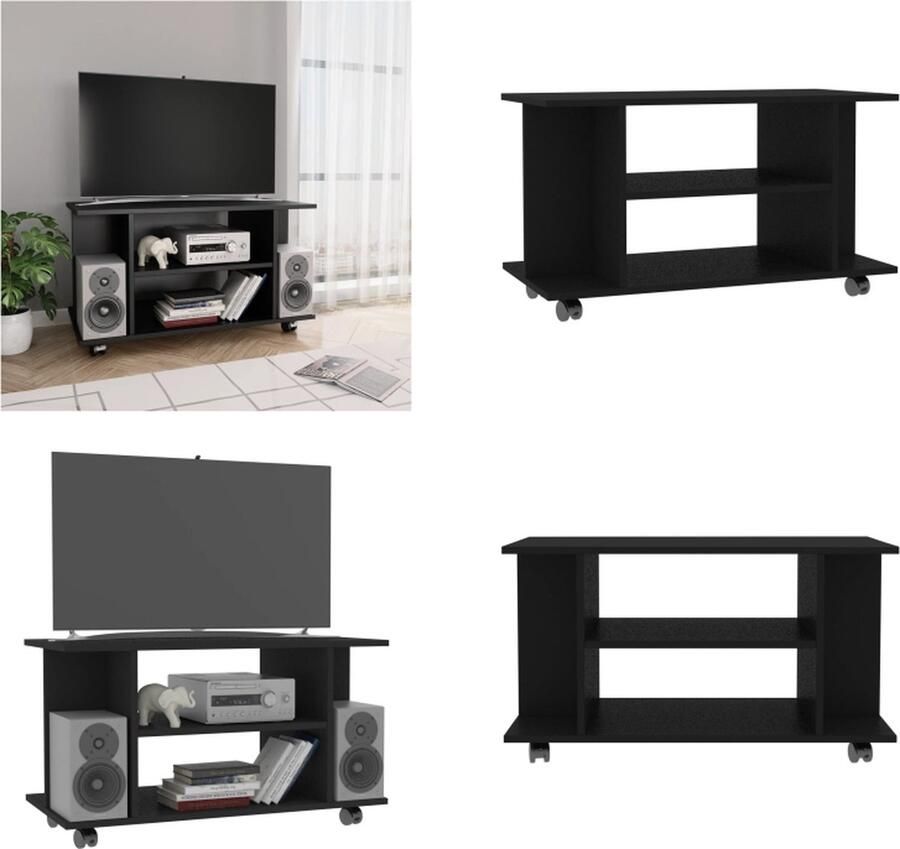 VidaXL Tv-meubel met wieltjes 80x40x45 cm bewerkt hout zwart Tv-meubel Tv-meubels Tv-meubelen Tv-meubilair