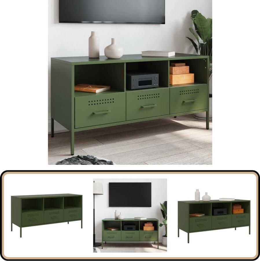 VidaXL Tv-meubel Olijfgroen Staal 100 5x39x50 5 cm Tv-meubel Tv-meubelen Tv Kast Opbergkast