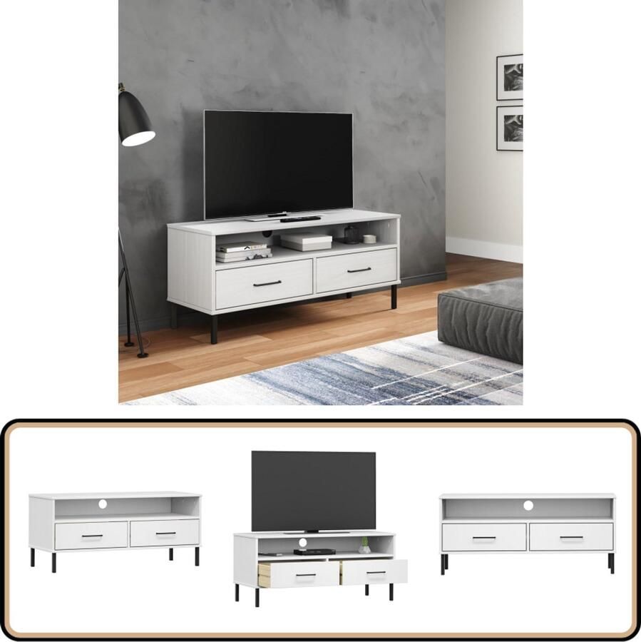 VidaXL Tv-meubel OSLO Massief Grenenhout Wit TV Kast Houten TV Kast Grenenhout TV Kast TV Meubels Salon Meubilair Opbergkasten Mediakasten