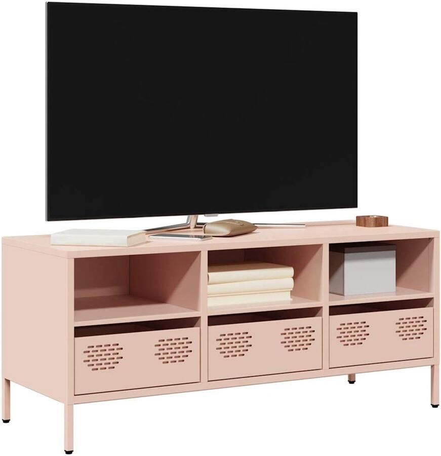 VidaXL Tv-meubel Roze Staal 101 5x39x43 5 cm Tv-meubel Salontafel Mediastand Rozerood Meubilair Koudgewalst Staal