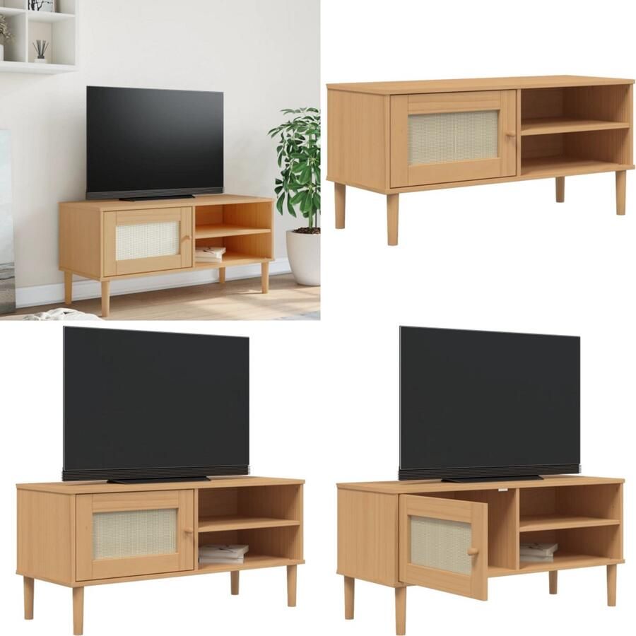 VidaXL Tv-meubel SENJA 106x40x49 cm rattan massief grenenhout bruin Tv-meubel Tv-meubelen Tv Kast Opbergkast