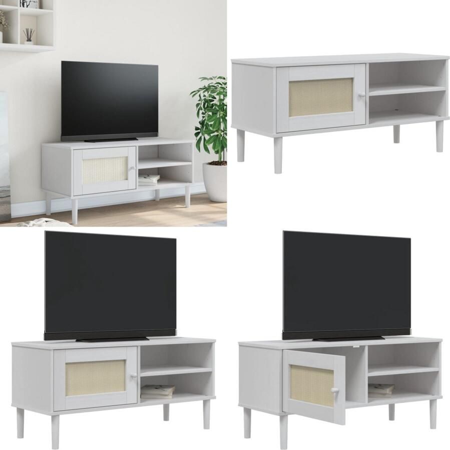 VidaXL Tv-meubel SENJA 106x40x49 cm rattan massief grenenhout wit Tv-meubel Tv-meubelen Tv Kast Opbergkast