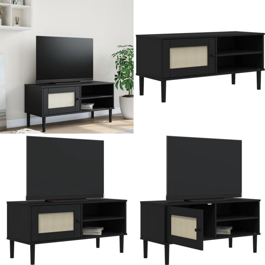 VidaXL Tv-meubel SENJA 106x40x49 cm rattan massief grenenhout zwart Tv-meubel Tv-meubelen Tv Kast Opbergkast