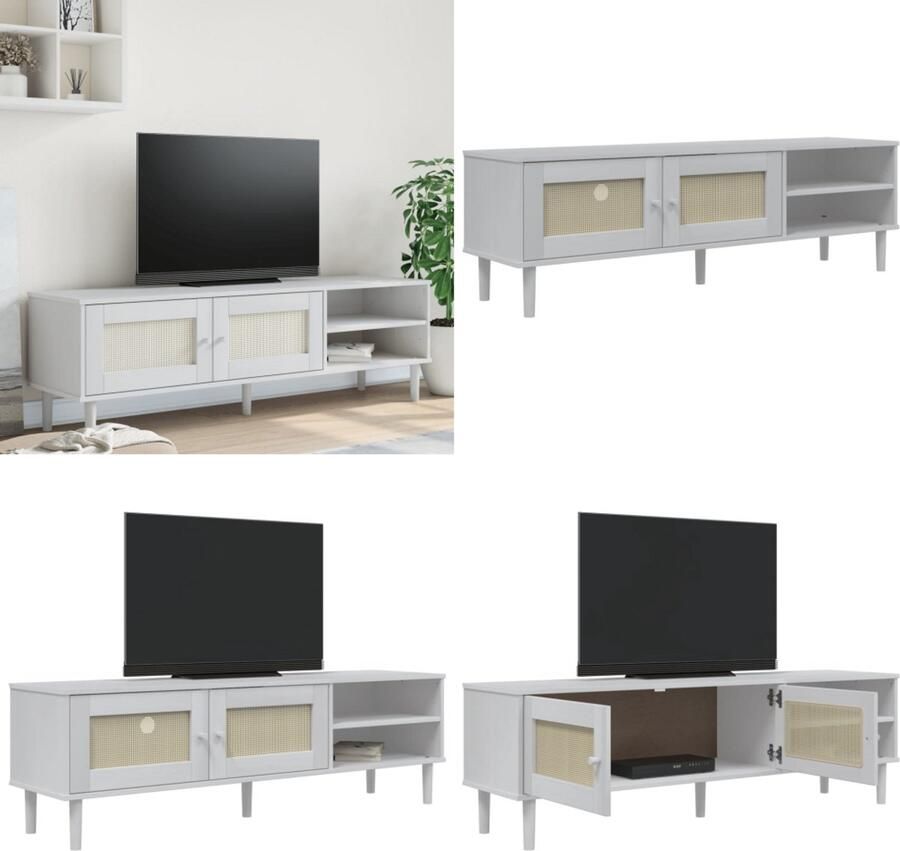 VidaXL Tv-meubel SENJA 158x40x49 cm rattan-look massief grenenhout wit Tv-meubel Tv-meubelen Tv Kast Opbergkast