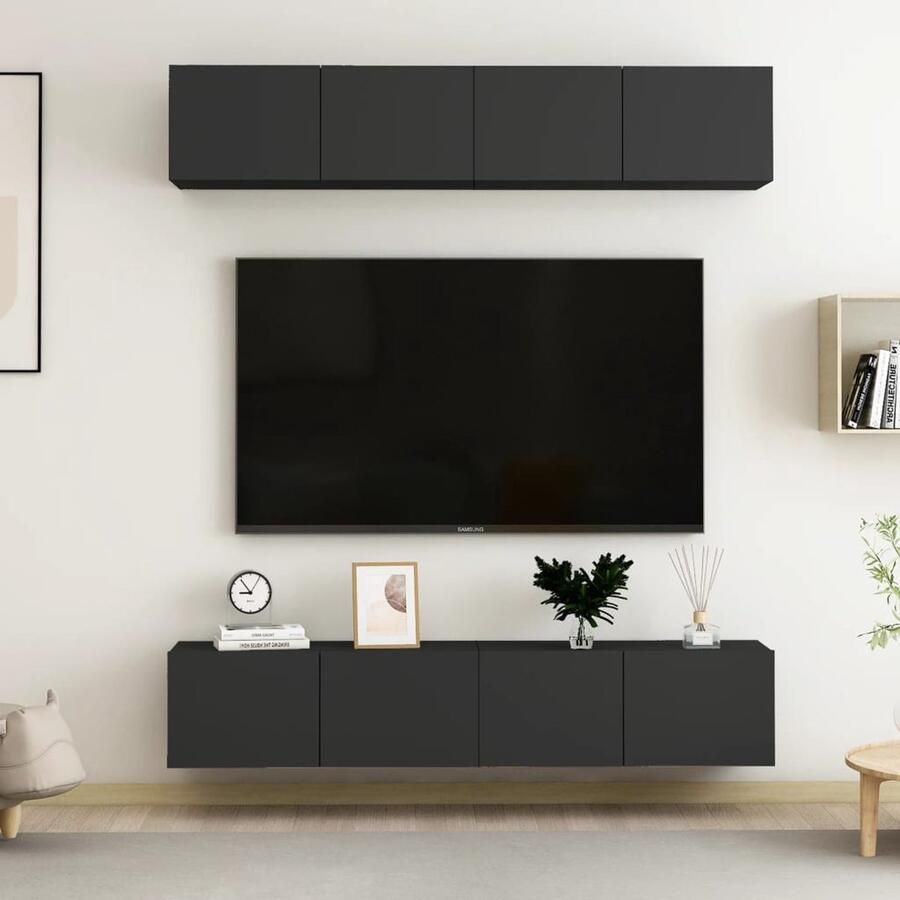 VidaXL Tv-meubel Set 4-delig 80x30x30 cm Zwart Televisiescherm Tv Meubilair Tv Stand Zwarte Tv Kast Houten Tv Kast Salontafel Woonkamerdecoratie Media Kast Videowerkbank Opslagruimte - Foto 2
