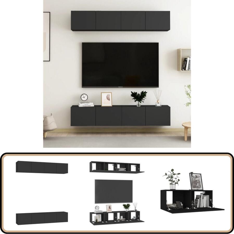VidaXL Tv-meubel Set 4-delig 80x30x30 cm Zwart Televisiescherm Tv Meubilair Tv Stand Zwarte Tv Kast Houten Tv Kast Salontafel Woonkamerdecoratie Media Kast Videowerkbank Opslagruimte