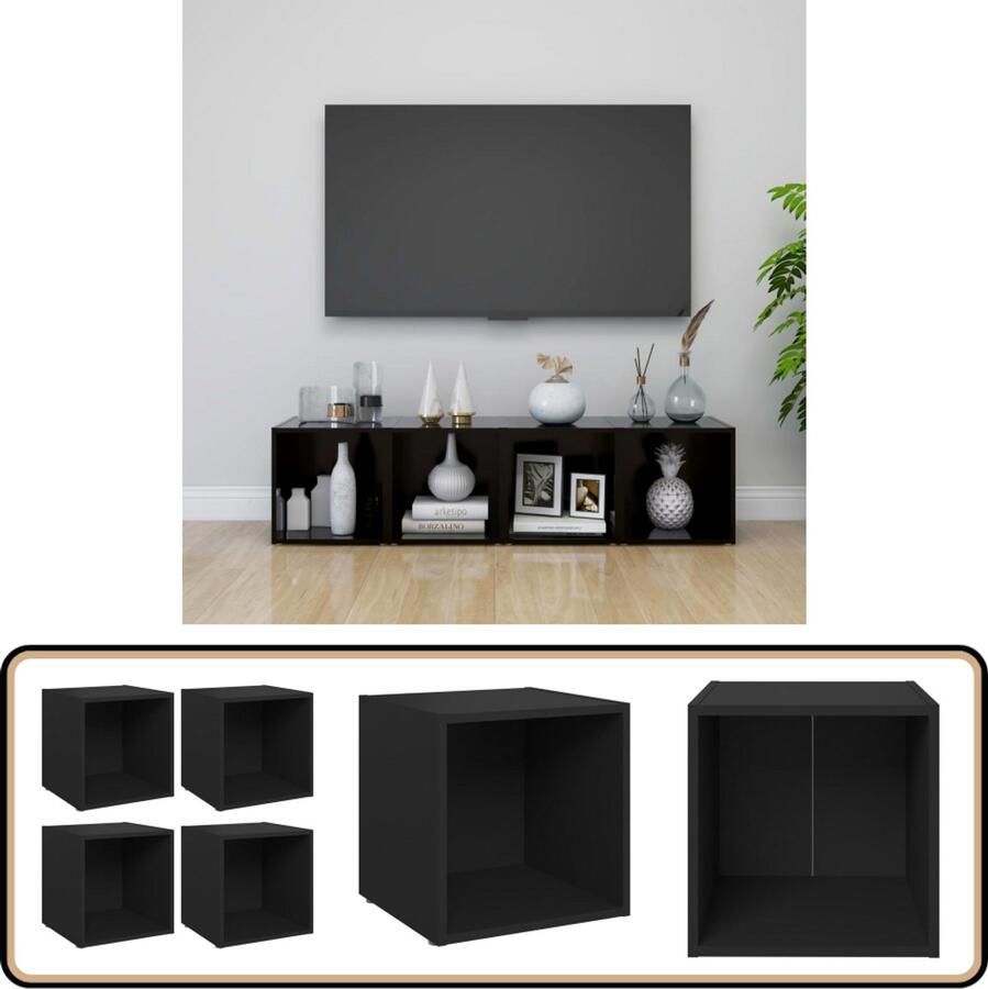 VidaXL Tv-meubel Set 4 Stuks Zwart Bewerkt Hout Tv-meubel Houten Tv-meubel Zwarte Tv-kast Media Kast Livingroom Furniture