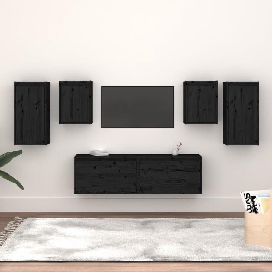 VidaXL Tv-meubel set 6 stuks Massief grenenhout Zwart Televisie Meubel Tv Kast Tv Kasten Houten Tv Kast Zwarte Tv Kast Grenoble Hout Salon Meubilair Woonkamer Meubilair - Foto 2