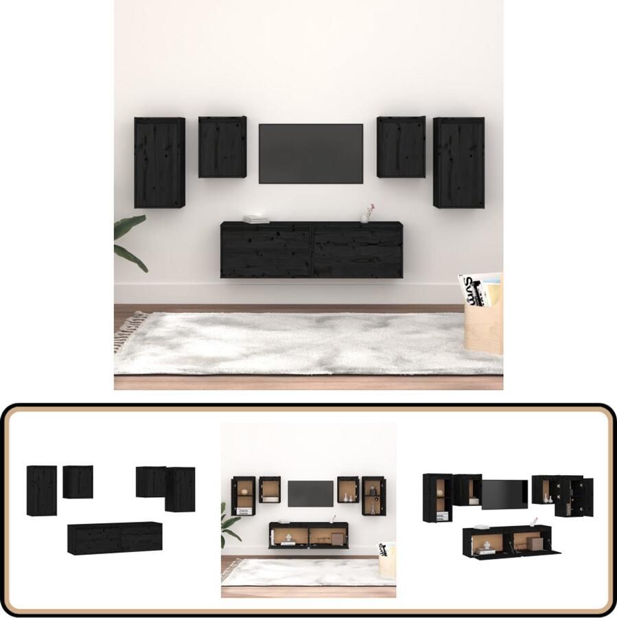 VidaXL Tv-meubel set 6 stuks Massief grenenhout Zwart Televisie Meubel Tv Kast Tv Kasten Houten Tv Kast Zwarte Tv Kast Grenoble Hout Salon Meubilair Woonkamer Meubilair