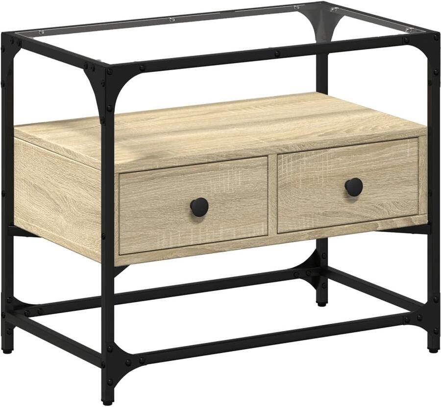 The Living Store Tv-meubel met glazen blad 60x35x51 cm bewerkt hout sonoma eiken Tv Kast Salontafel Industrieel Design Houten Tv Stand Media Kast - Foto 2
