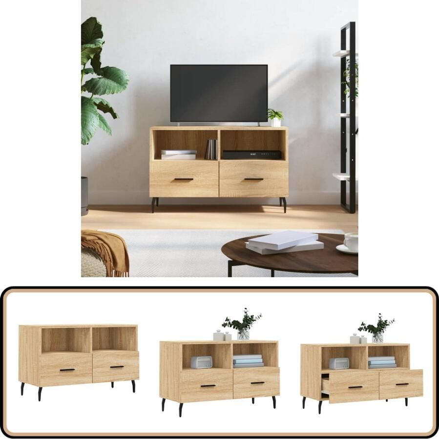 The Living Store Tv-meubel 80x36x50 cm bewerkt hout grijs sonoma eikenkleurig Televisiesecretaris Tv Kast Houten Tv Stand Grijze Tv Tafel Salontafel - Foto 3