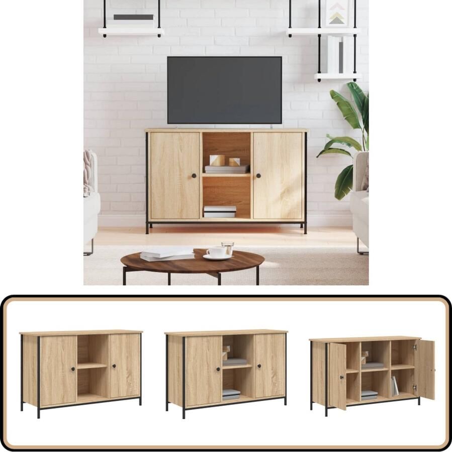 The Living Store Tv-meubel IndustriÃle Stijl 100 x 35 x 65 cm Sonoma Eiken Tv Kast Tv Meubel Industrieel Tv Meubel Houten Tv Kast Tv Stand - Foto 2