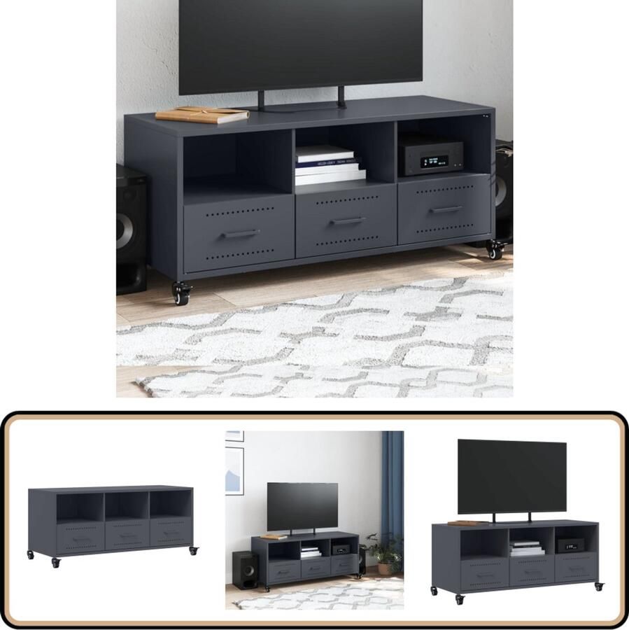 The Living Store Tv-meubel 100 5x39x43 5 cm staal antracietkleurig Tv-meubel Salontafel Mediabox Opbergkast Zwart Metalen - Foto 2