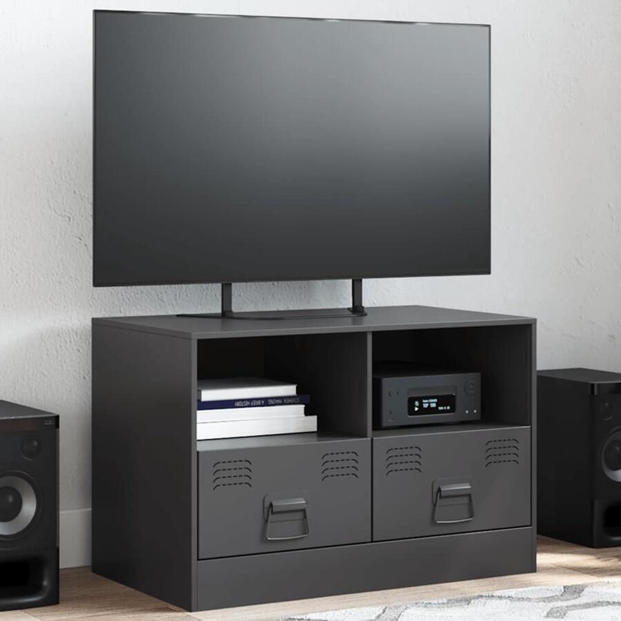 The Living Store Televisiekast Zwart Koudgewalst Staal 67 x 39 x 44 cm Met 2 Schappen Stabiel en onderhoudsvriendelijk design