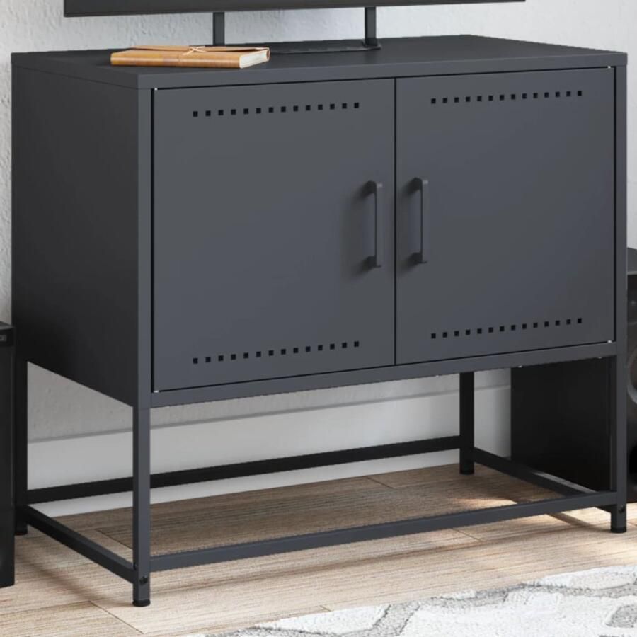 VidaXL Tv-meubel Staal Antraciet 68 5x39x60 5 cm Tv-meubel Industrieel Design Steigerhouten Look Metalen Tv-standaard Opbergruimte